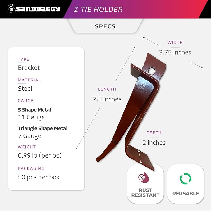 Sandbaggy Z-Tie Holder for Concrete Forms - Waler Tie Bracket - Secure Double 2X Lumber Wales - Construction Grade for Heavy Concrete Pours - Reusable / Removable (3.75" W x 7.5" L, 2)
