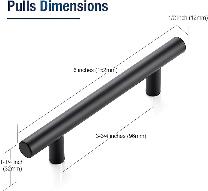 JOY DECOR 5 Pack 6 Inch Cabinet Pulls Kitchen Cabinet Handles with 3-3/4 Inch Hole Center Matte Black Cabinet Hardware Stainless Steel Kitchen Drawer Pulls for Cabinets Cupboard, 96mm Hole Centers