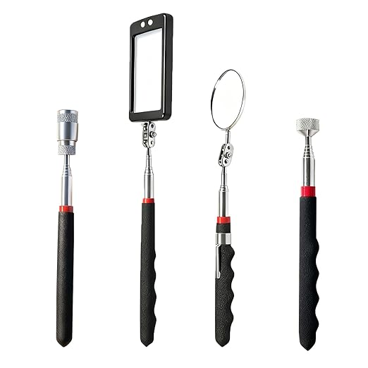 Telescoping Magnetic Pickup Tool Set, 2Pcs Round and Square Inspection Mirror Telescoping with LED Lights, 2Pcs Magnet Stick Best Gadgets Gifts for Men (Black, 4 Pack)