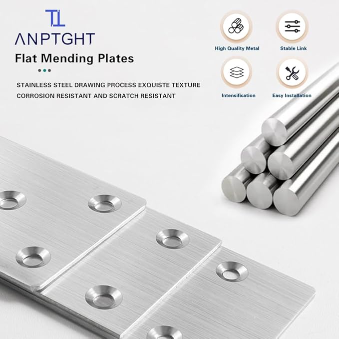 6Pcs Flat Mending Plates, 4" x 2" Flat Straight Brace Bracket, Heavy Duty 304 Stainless Steel Joining Plates for Shelves Cabinet,Furniture Corner Repair Fixing 100X50X2MM (Silver with Screws)