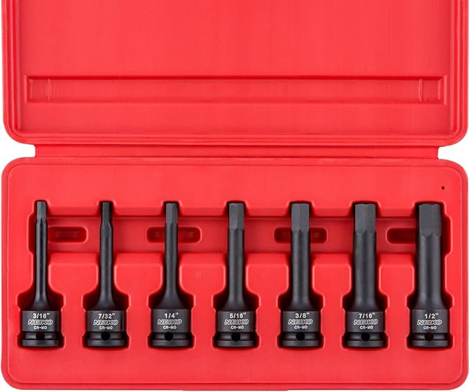 NEIKO 01131B 3/8-Inch-Drive Allen Socket Set, 3-Inch Length, 3/8-Inch Impact Hex-Bit Socket Set, SAE Hex Driver 3/16" to 1/2", CrMo Steel, Impact-Grade, 7-Piece Set