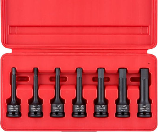 NEIKO 01131B 3/8-Inch-Drive Allen Socket Set, 3-Inch Length, 3/8-Inch Impact Hex-Bit Socket Set, SAE Hex Driver 3/16" to 1/2", CrMo Steel, Impact-Grade, 7-Piece Set