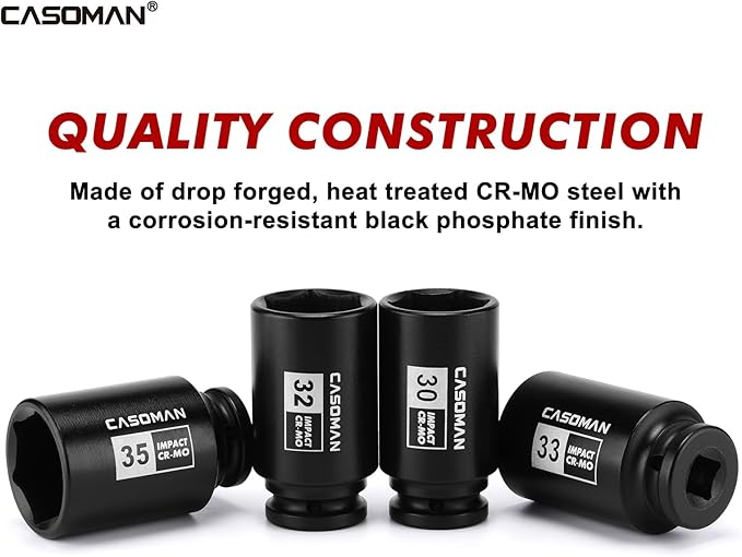CASOMAN 1/2??Drive Deep Big Impact Socket Set, 21 - Piece Large Spindle Axle Nut Impact Wrench Socket Set, 6 Point, CR-MO, Metric & SAE, 27mm - 41mm, 1-1/16" - 1-5/8"