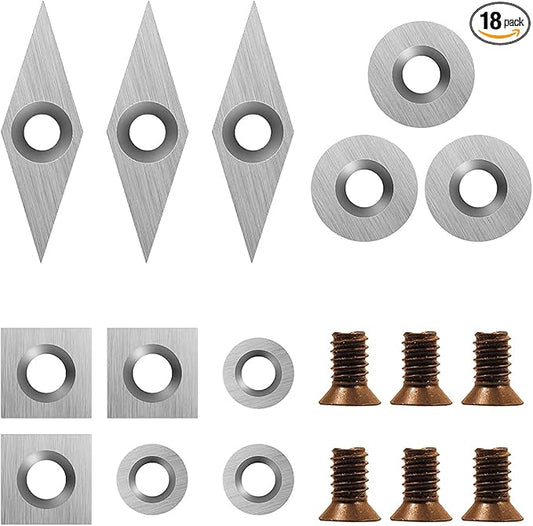 18 Pieces Tungsten Carbide Cutters Inserts Set for Wood Lathe Turning Tools Include 11 mm Square with Radius, 12 mm and 8.9 mm Round, 30 x 10 mm Diamond with Pointed Point,6 Pieces screws.