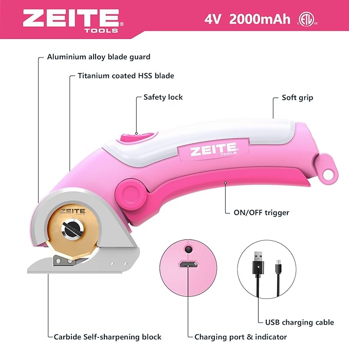 ZEITE 4V Cordless Scissors,Electric Cardboard Box Cutter with Titanium Coated HSS Blades,Stocking Stuffers for Men Gifts Christmas,Storage Case,Pink