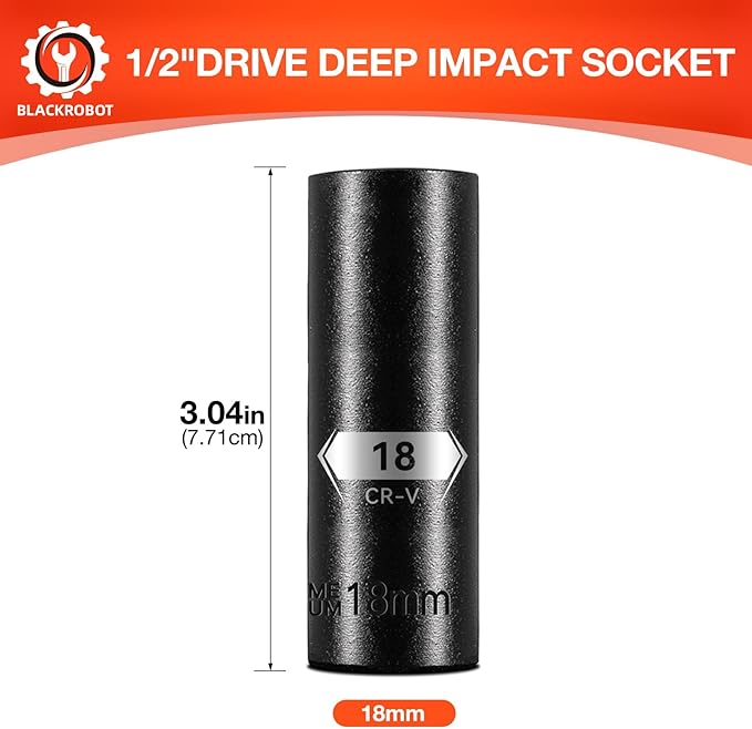 BLACKROBOT 1/2 Inch Drive 6-Point Deep Socket, 18mm Deep Impact Socket, CR-V Steel