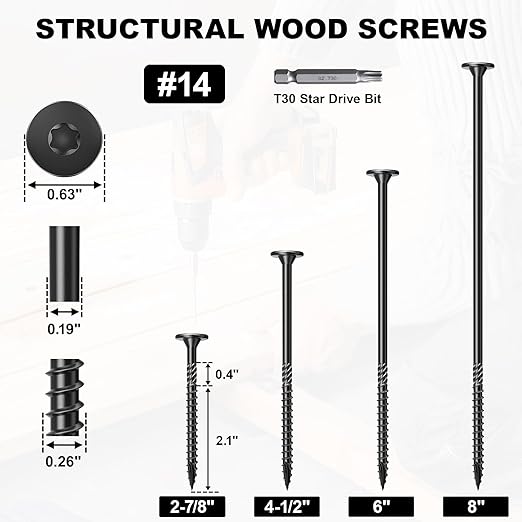 #14 Heavy-Duty Wood Screws, Star Drive Deck Screws, Rust Resistant Timber Screws for Timber/Log/Landscaping Wood (6 Inch,500Pcs,Black)