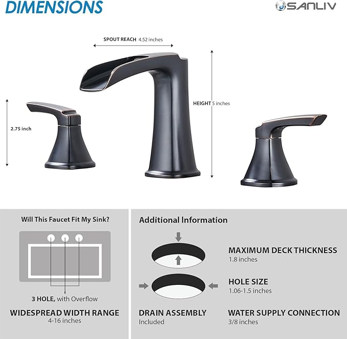 Oil Rubbed Bronze Waterfall Bathroom Faucet, Sanliv 3-Piece Widespread Bathroom Sink Faucets, 2-Handle Bronze Vanity Faucet for 3-Hole Sinks 4-8 Inch with Pop-Up Drain (ORB)