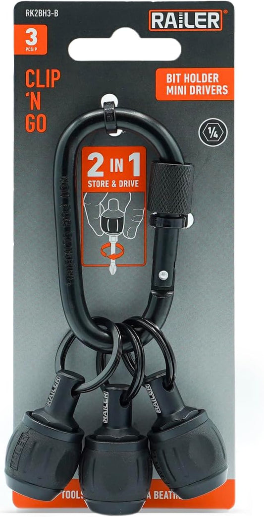 Bit Holder Key Chain Screwdrivers - Railer Heavy Duty 1/4" Hex Soft Ball Grip Bit Holders & Secure Keychain Carabiner. HVAC Tools w/Quick Release For Nut Drivers, Impact Driver & Drill Bits