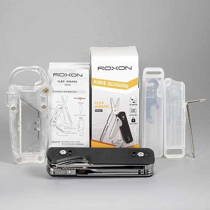ROXON S505G Flex Shears-Modular Design Multitool with Fixed Big Scissor-Interchangeable Blade of BA01-BA17 & Changeable Implements of FT01-FT12（Black）