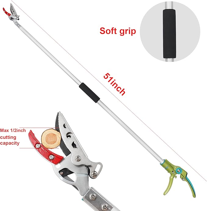GARTOL Cut & Hold Pole Pruner, 4.2 FT Lightweight Fruit Picker with 180째 Rotating Handle, SK5 Steel Blade Cuts up to 1/2 Inch, Long Reach Garden Tree Trimmer & Branch Cutter for Shrubs, Bushes