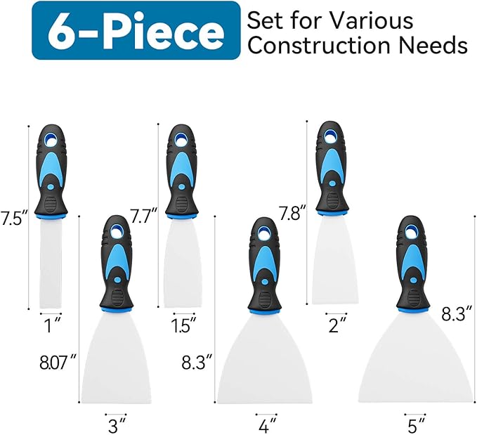 6 Pack Putty Knife Set ??Stainless Steel Spackle & Paint Scrapers (1", 1.5", 2", 3", 4", 5") | Flexible Metal Scraper Tools for Drywall Repair, Wallpaper Removal, Plaster & Adhesive