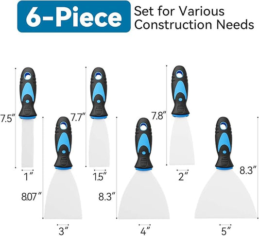 6 Pack Putty Knife Set ??Stainless Steel Spackle & Paint Scrapers (1", 1.5", 2", 3", 4", 5") | Flexible Metal Scraper Tools for Drywall Repair, Wallpaper Removal, Plaster & Adhesive