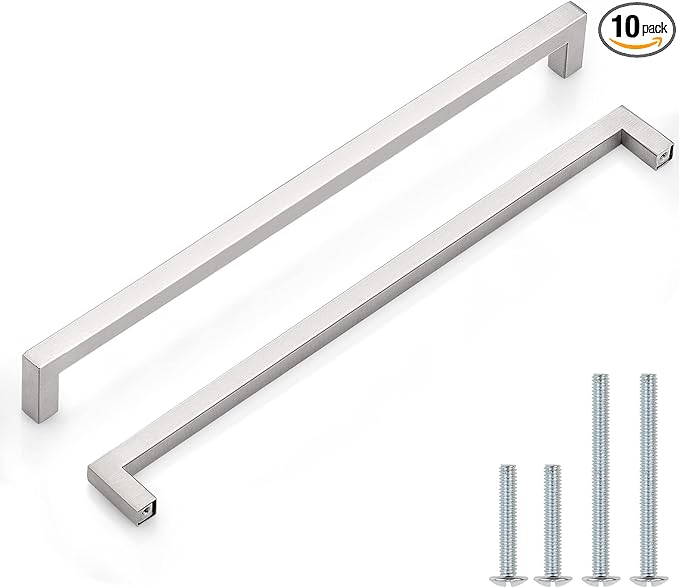 Probrico 10 Pack|Brushed Nickel Square Cabinet Pulls Drawer Handles Stainless Steel 12-3/5 Inch Hole Centers Euro Kitchen Cabinet Hardware 13-1/4 Inch Overall Length