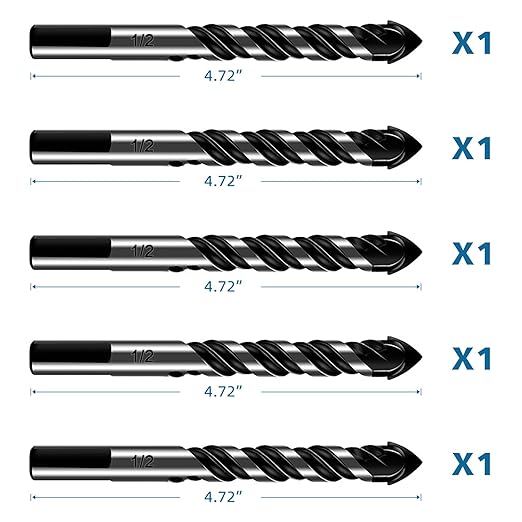 5-Piece 1/2??Masonry Drill Bits for Tile Glass Ceramic Wall Brick Stone Soft-Metal Wood, 1/2 Inch Concrete Drill Bits Cement Drill Bit Set, 3-Flat Shank, YG8 Carbide Tungsten Steel Alloy Tip 12mm