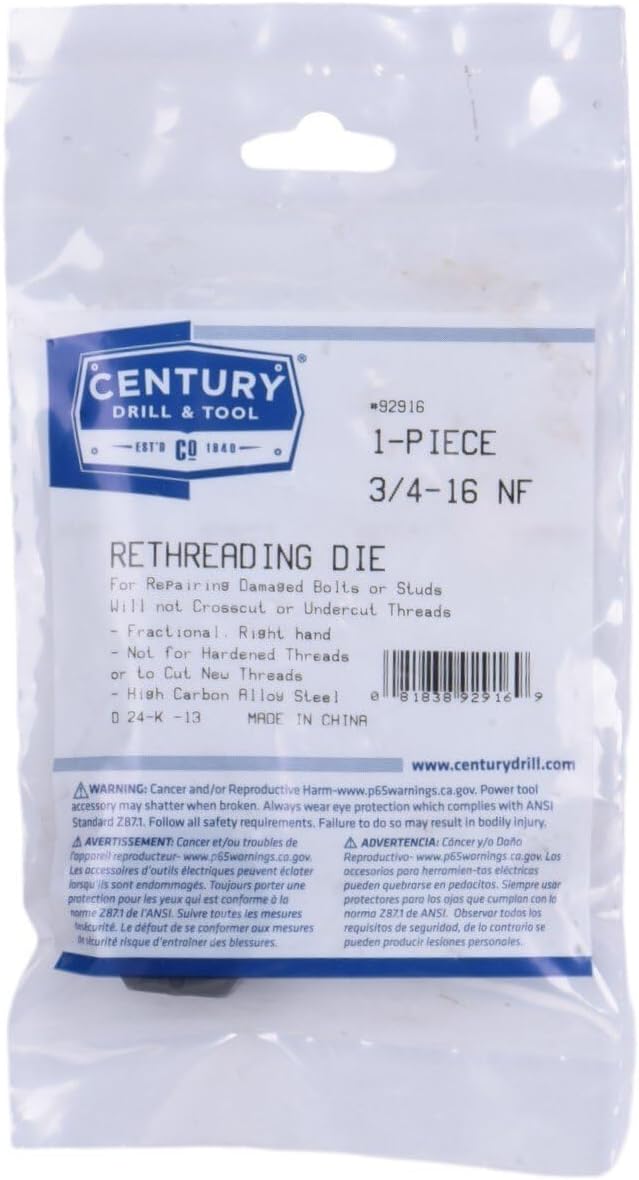 Century Drill & Tool 92916 쩐-16 NF, National Fine Fractional Right Hand Rethreading Die, High Carbon Steel, Fix Damaged Bolts or Studs
