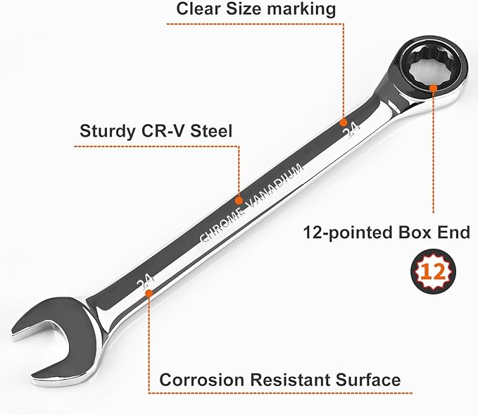 Egofine 24mm Ratcheting Combination Wrench Metric, Industrial Grade Gear Spanner with 12-Point Design, 72-Tooth Ratchet, Chrome Vanadium Steel