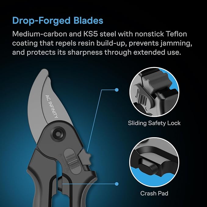 AC Infinity 8??Professional Bypass Pruning Shear, Medium-Carbon KS5 Steel Blades with Nonstick Teflon Coating, Tree Trimmer Secateurs for Gardening, Hydroponics, Grow Tents