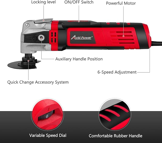 AVID POWER Oscillating Tool, 3.5-Amp Oscillating Multi Tool with 4.5째 Oscillation Angle, 6 Variable Speeds and 13pcs Saw Accessories, Auxiliary Handle and Carrying Bag