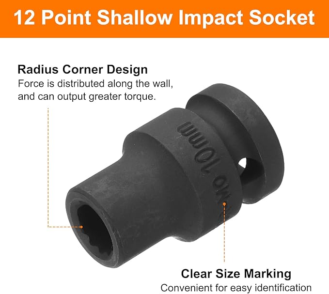 uxcell 1/2" Drive x 10mm Shallow Impact Socket 12-Point Metric CR-MO Steel Nut Impact Grade Socket for Auto Repair