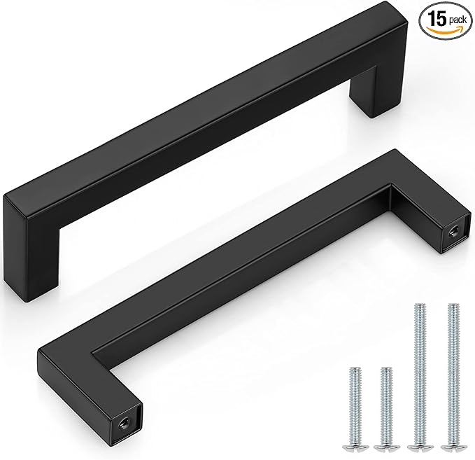 Probrico 15 Pack Black 5 inch (128mm) Hole Centers Square Bar Cabinet Pulls Drawer Handles Stainless Steel Modern Hardware for Kitchen and Bathroom Cabinets Cupboard Closet Wardrobe & Bedroom