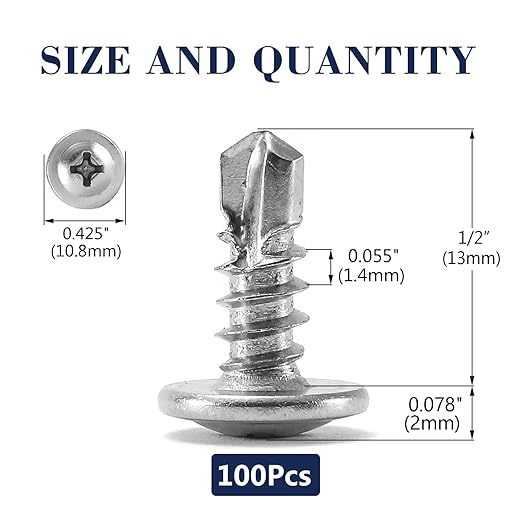 #8 x 1/2" Sheet Metal Screws 100PCS 410 Stainless Steel Truss Head Fast Self Tapping Screws by SG TZH