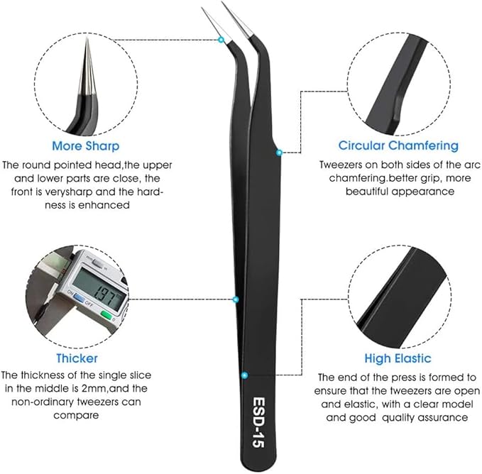 Precision Tweezers Set - 6PCS Anti Static ESD Industrial Tweezers Kit Matte Black, Fits for Electronics Repair, Soldering, Craft, Laboratory Work
