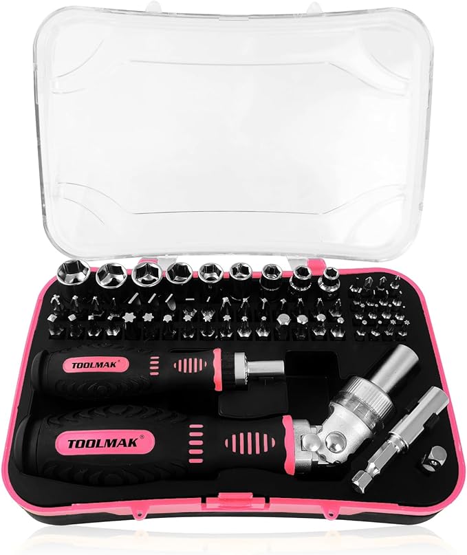Ratcheting Screwdriver Set 61pcs Socket Set & Screwdriver Bit Set with Rotatable Ratchet Handles 竊?Storage Case, Household Repair Tool Kits for Bike-Pink