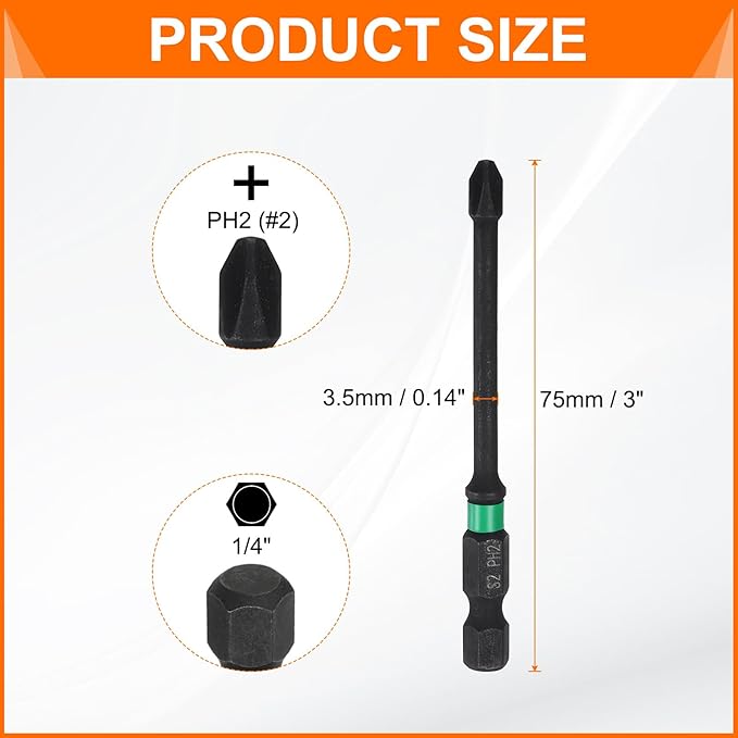 HARFINGTON 3pcs #2 Impact Phillips Screwdriver Bit PH2 1/4" Hex Shank 3" (75mm) Long 0.14" Rod Magnetic Cross Head Drill Bits S2 Steel Industrial Screw Driver for Impact Power Drivers