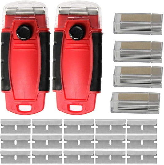 Plastic Razor Blade Scraper Hand Held Window Vinyl Tint Scraper Pack 2 with Protective Cover 20 Metal Razor Blades Scraper Blades Removal Scraping Tool Kit
