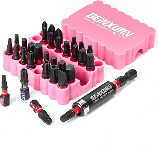 Impact Screwdriver Bits Set, 33 Pieces 1?쒶ulti Head Magnetic S2 Steel Driver Bits PH/SQ/Torx/Slotted/Hex/Security Torx With Pink Soft Base