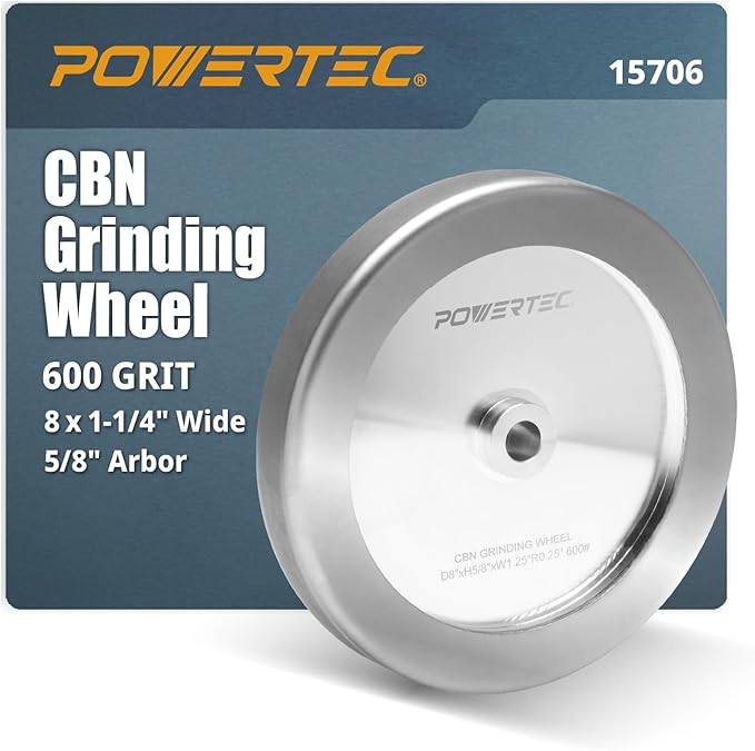 POWERTEC CBN Grinding Wheel 8 Inch 600 Grit, 1-1/4" Wide, 5/8" Arbor ??4-in-1 CBN Sharpening Wheel with 1/4" Radius Edge and Side Face for Bench Grinder (15706)