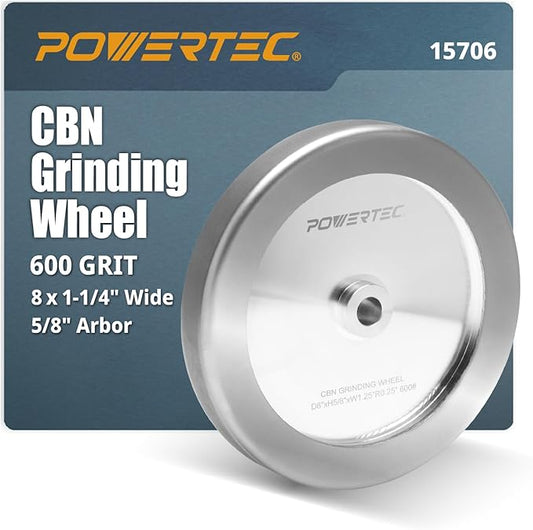 POWERTEC CBN Grinding Wheel 8 Inch 600 Grit, 1-1/4" Wide, 5/8" Arbor ??4-in-1 CBN Sharpening Wheel with 1/4" Radius Edge and Side Face for Bench Grinder (15706)