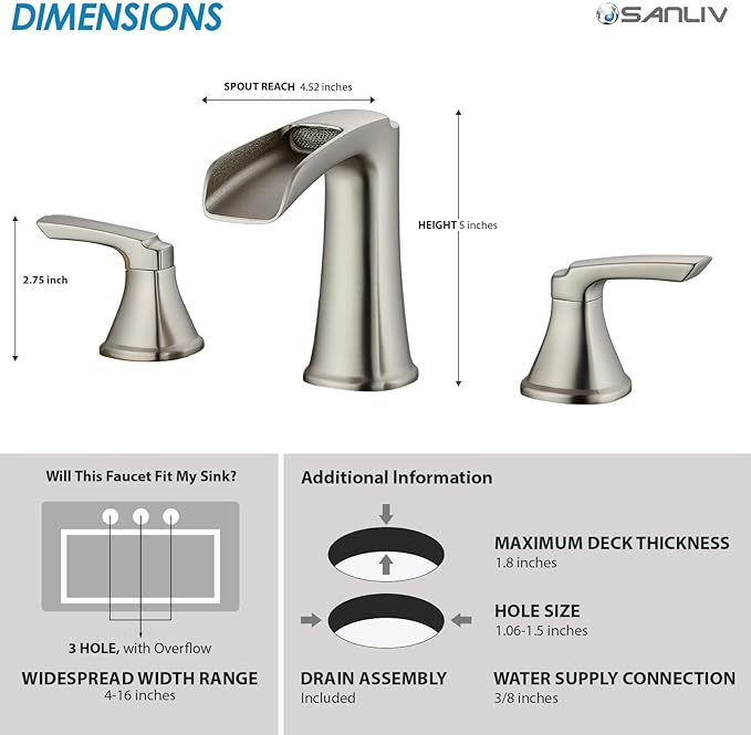 Brushed Nickel Waterfall Bathroom Faucet, Sanliv 3-Piece Widespread Bathroom Sink Faucets, 2-Handle Vanity Faucet for 3-Hole Sinks 4-8 Inch with Pop-Up Drain, Brushed Nickel