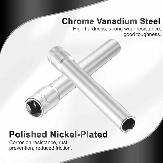 HARFINGTON 2pcs 6 Points Deep Socket 3/8" Drive 10mm Deep Metric CR-V Steel Polished Nickel Plating Flip Sleeve 120mm / 4.7" Extra Long Socket Tool for Home Auto Nuts Bolts Repair