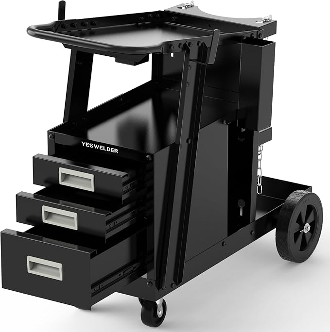 YESWELDER Welding Cart with 3 Drawers for MIG Welder TIG Welder and Plasma Cutter, Heavy Duty Large Storage 360째 Rolling Welding Trolley