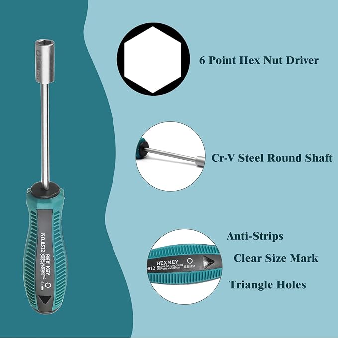 Utoolmart Socket Wrench Screwdriver, 5.5mm Non-Magnetic Tip Hex Nut Driver, Socket Driver Hex Nut Key Wrench Screwdriver, with 75mm Cr-V Steel Round Shaft, Screwdriver Nutdriver Hand Tool