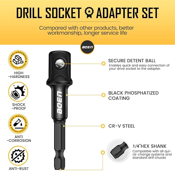 BOEN 6PCS Impact Universal Joint Sockets and Drill Adapters, 1/2" 1/4" 3/8" Drive Swivel Socket Set for Impact Wrench, CR-MO Steel Universal Joint Adapter Wobble with Storage Case