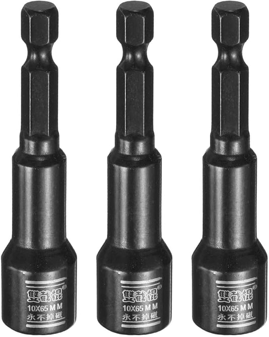 HARFINGTON 3pcs Nut Driver Drill Bit 10mm Metric Socket 1/4" Hex Shank 2.6" (65mm) Long Magnetic 6-Point Sockets Quick Change CR-V Steel Bolt Setters for Power Drill Drivers