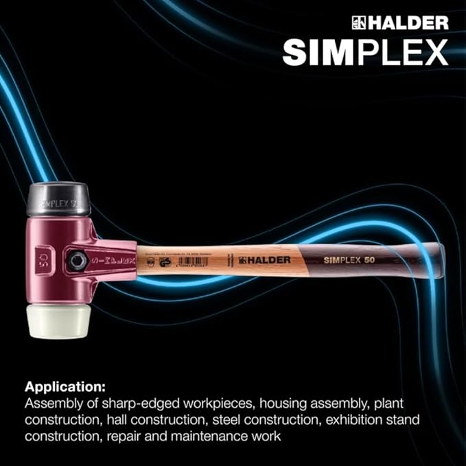 Halder Simplex Soft-Faced Mallet 3028.040 - Medium-Hard Rubber Insert, Hard Nylon Insert, Cast Iron Housing with Handle Protection Sleeve, Varnished Wooden Handle, 40mm, 1.4 lbs.