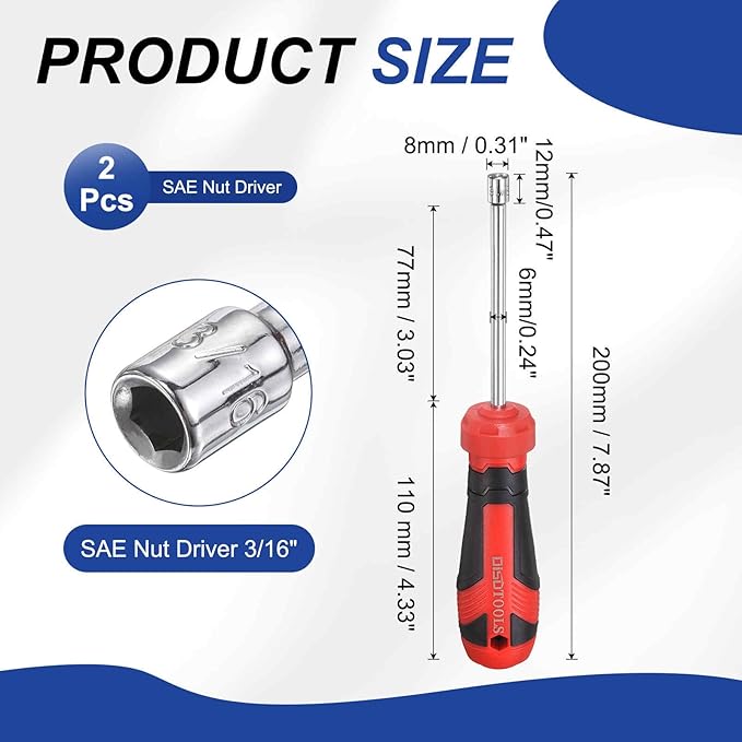 HARFINGTON 2 Pcs SAE Nut Driver 3/16" CR-V Non-Magnetic Tip Hollow Shafts Hex Socket Screwdriver with Anti-Slip Handle for Automobile Repair Bit Driver