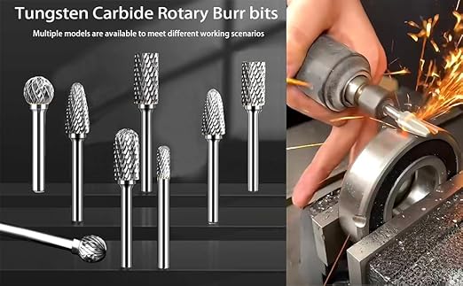 Carbide Burr Set 1/4'' Shank Die Grinder Bits Double Cut Solid Tungsten Carbide Burr Bits for Die Grinder Metal Carving Polishing Drilling Grinding Milling Cutting (8pcs)