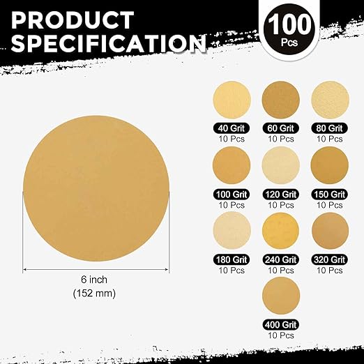 100 Pcs Sanding Discs 6 Inch 40/60/80/100/120/150/180/240/320/400 Grit Hook and Loop Orbital Sandpaper Suitable for Drywall Sander Wood Metal Furniture, Yellow