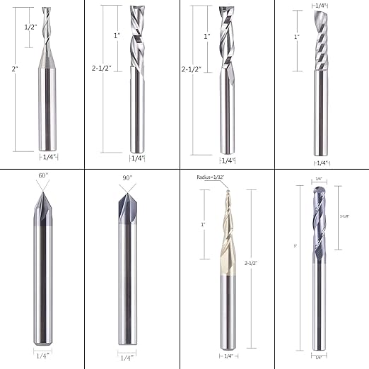 SpeTool 8Pcs Carbide CNC Router Bits Set 1/4 Inch Shank for Woodworking Detail Carving Trimming V Groove Engraving Slotting Mortise