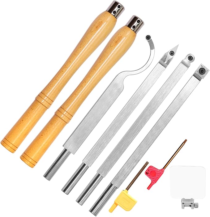 Carbide Tipped Woodturning Tools 7pcs Chise set Lathe Full Size Rougher Finisher Detailer Swan Neck Hollower Tools Set of 4 and 2 Interchangeable Wooden handle and 1 Dust shield