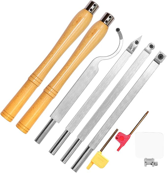 Carbide Tipped Woodturning Tools 7pcs Chise set Lathe Full Size Rougher Finisher Detailer Swan Neck Hollower Tools Set of 4 and 2 Interchangeable Wooden handle and 1 Dust shield