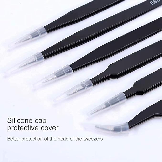 Precision Tweezers Set - 6PCS Anti Static ESD Industrial Tweezers Kit Matte Black, Fits for Electronics Repair, Soldering, Craft, Laboratory Work