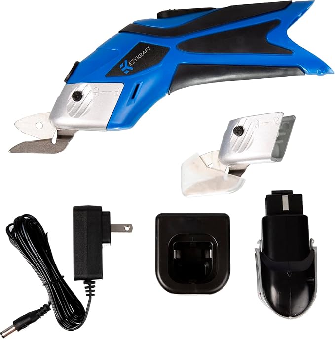 Cordless Electric Scissors for Cutting Fabric - Multifunctional Craft & Cardboard Scissors With Stainless Steel Blades & Replacement- 3.6V Lithium Ion Battery - Includes Charging Cable - Blue/Black