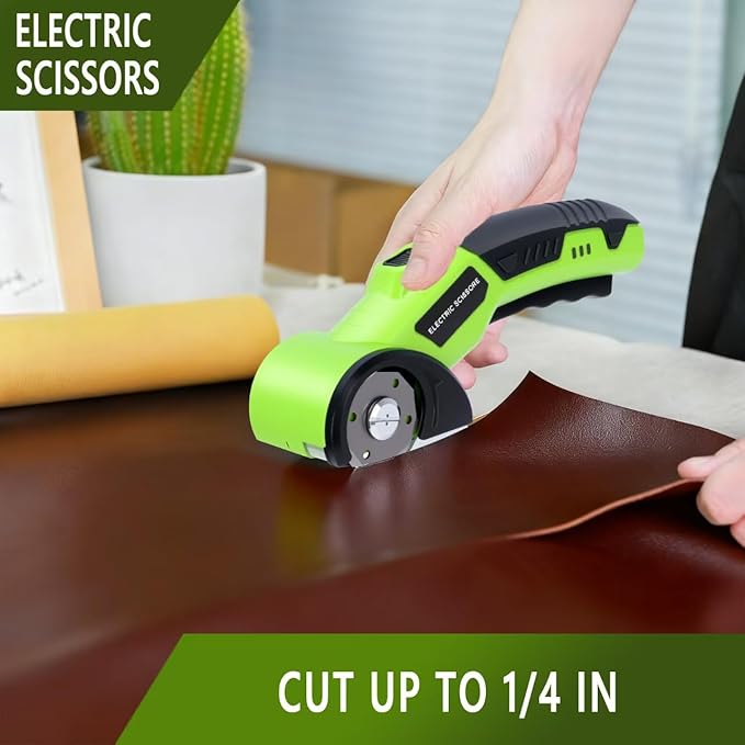 Cordless electric scissors, cardboard cutter, with safety lock, with LED light, two blades for powerful cutting of cardboard, leather, carpet, and fabric (green)