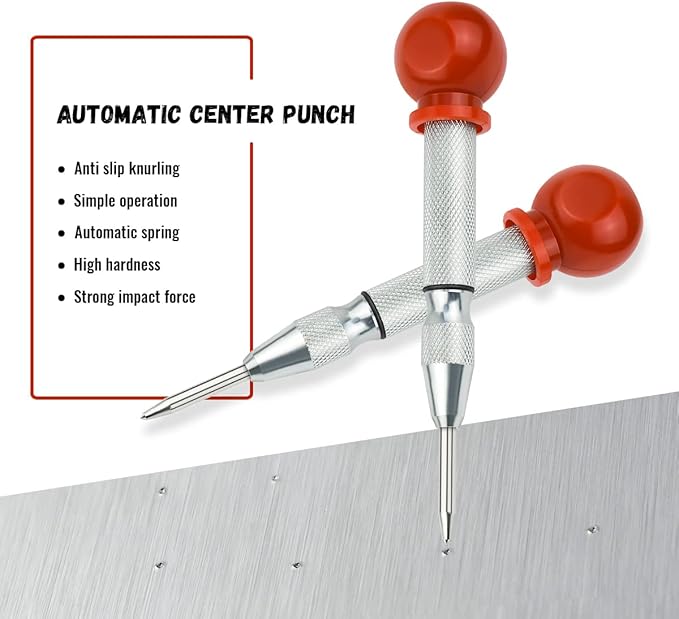 2 Pack Automatic Center Punch, 5 Inch Crushing Hand Tool Spring Punch with Cushion Cap, Metal Impact Center Hole Punch for Metal Wood Glass Plastic(Silver)